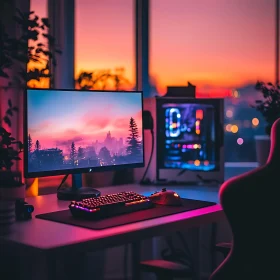 Ultimate Gamer's Paradise with Sunset Backdrop