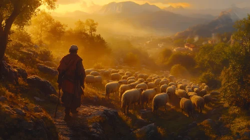 Shepherd Guiding Sheep Through Golden Hills