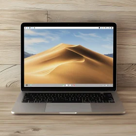 Laptop with Desert Wallpaper on Wooden Desk