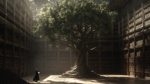 Ancient Library with Central Tree