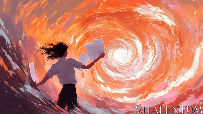 Figure Facing Abstract Orange Vortex