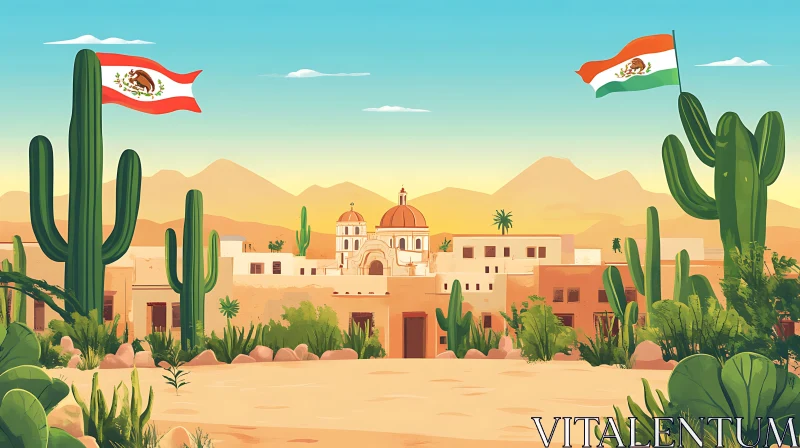 Mexican flags over desert landscape