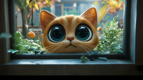 Adorable Cat Peering Through Window