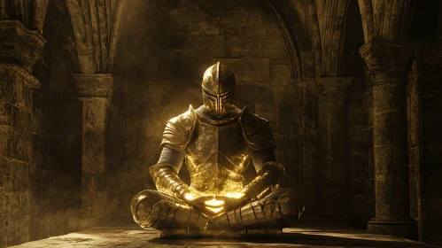 Meditative Knight in Ancient Hall