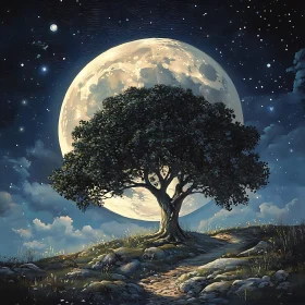 Tranquil Lunar Tree: Nighttime Scene