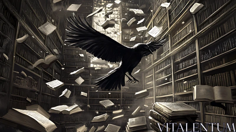 AI ART Black Raven Soaring Through a Library