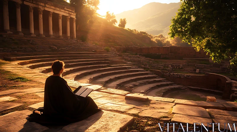 Sunset Reader in Ancient Ruins