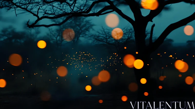 Enchanted Night Forest With Bokeh Lights AI Image