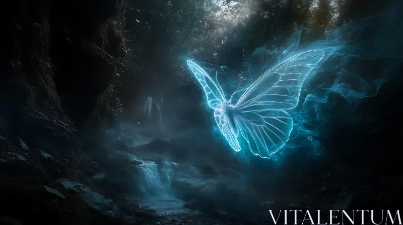 Glowing Butterfly Near Waterfall