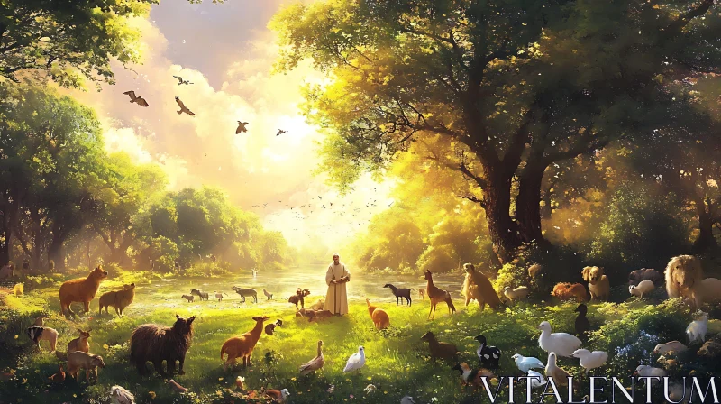 Peaceful Animals in Sunlit Forest Glade AI Image