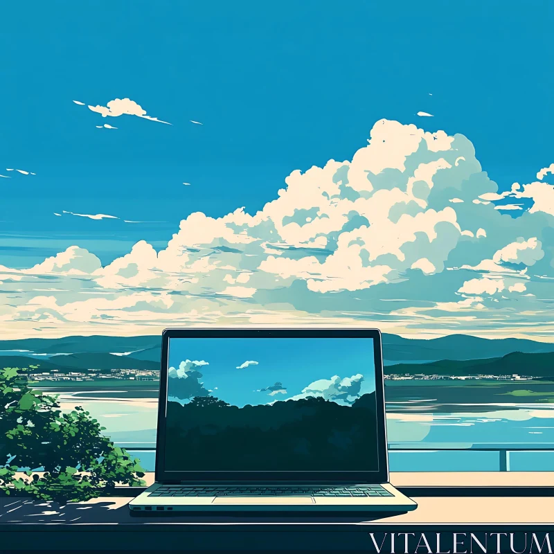 Laptop Displaying Scenic Landscape in Nature