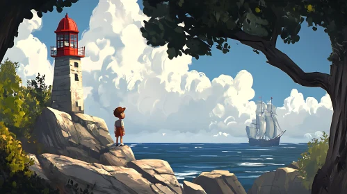 Boy watches ship near the lighthouse
