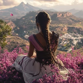 Serene Mountain View with Woman in Flowers