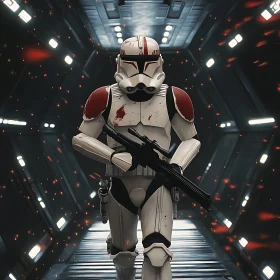 Armored Trooper in Dark Hallway