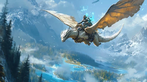 Fantasy Dragon Rider in Mountain Landscape