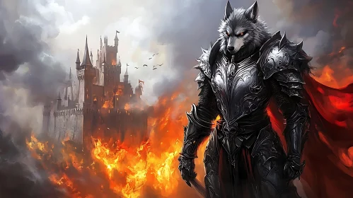 Armored Wolf Warrior in a Fiery Landscape