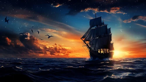 Ocean Sailboat Sunset View