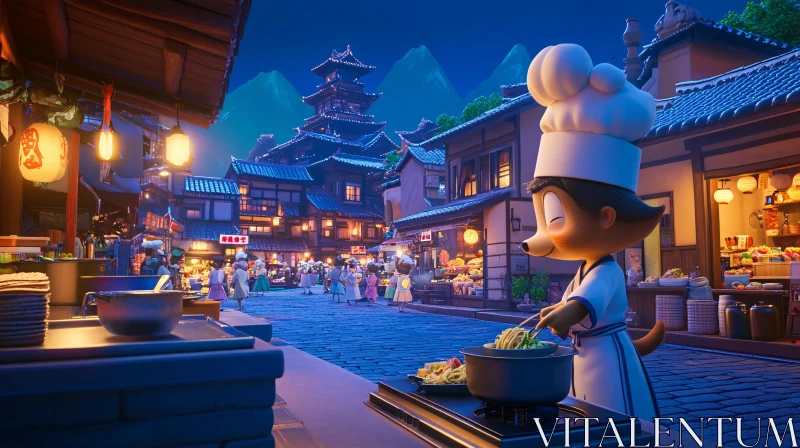 Lively Cartoon Chef Noodle Scene AI Image