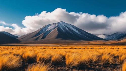Golden Field and Snowy Mountain Under Blue Sky