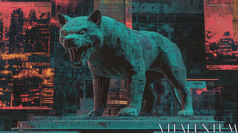 Teal Feline Statue in Urban Setting