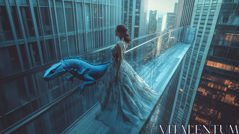 Fantasy Dragon and Woman in Cityscape