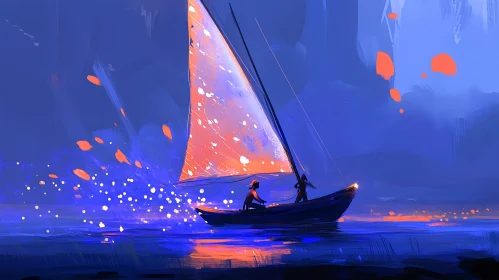 Sailboat on Water with Orange Light