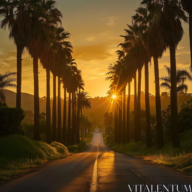 Palm Trees Road at Sunset