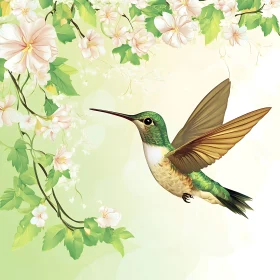 Hovering Hummingbird Among White Blooms