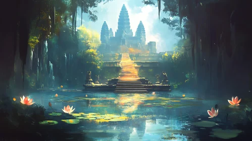 Temple and Lotus Flowers in Still Water