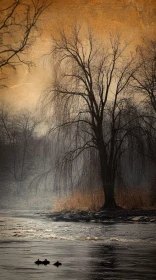 Serene Evening: Ducks and Trees by the Water