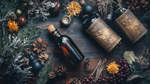 Rustic Winter Still Life with Dark Bottles