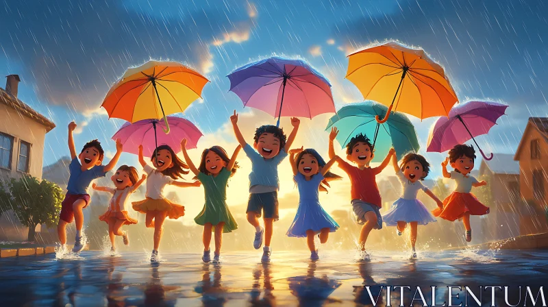 Kids Having Fun with Umbrellas in Rain