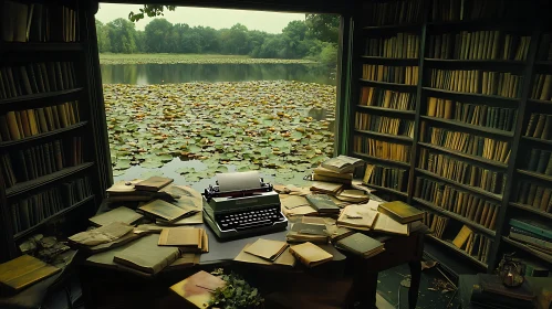 Tranquil Library with Lake View