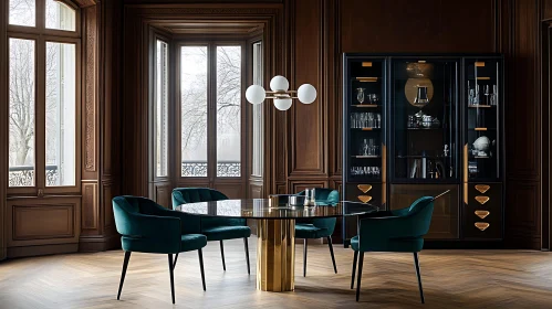Elegant Dining Space with Wooden Paneling and Glass Table