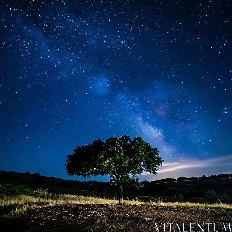 Tree Silhouette Against Starry Night