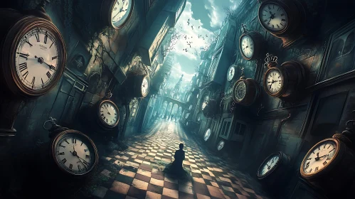 Timeless Cityscape with Kneeling Figure