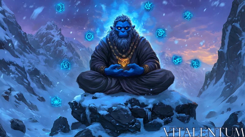 Blue Yeti Meditating on Mountain Peak AI Image