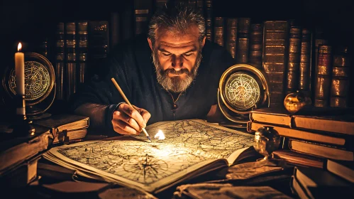 Man charting map by candlelight