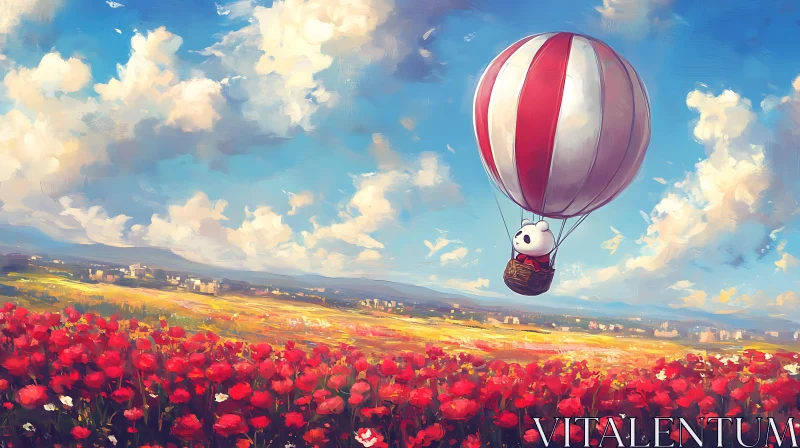 Panda in Hot Air Balloon Over Poppy Field