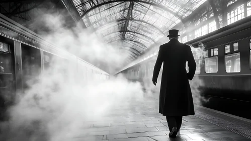 Monochrome Man on Platform with Steam