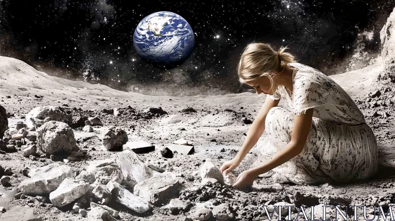 Woman Collecting Rocks on the Moon