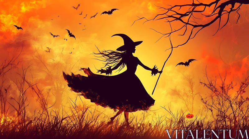 Silhouette of Witch Flying with Bats