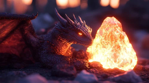 Dragon Resting Near Glowing Crystal
