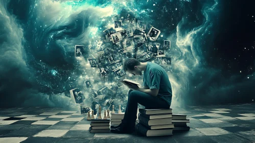 Man Reading Book with Floating Photos