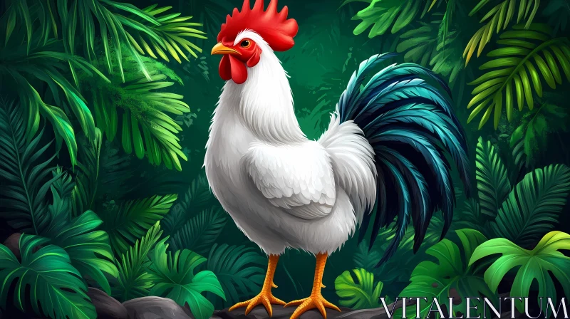 AI ART Colorful Rooster in Jungle Foliage