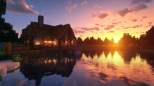 Lakeside Minecraft Home at Dusk