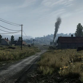 Serene Countryside View with Smoke Plume