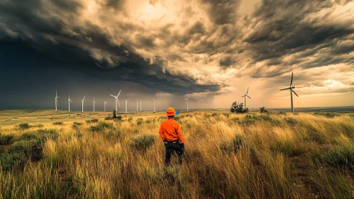 Man in Field with Wind Turbines