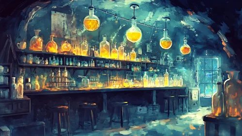 Vintage Alchemist's Workspace with Glowing Elixirs