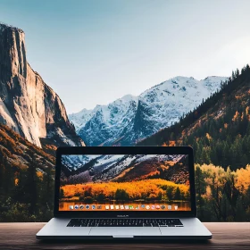 Laptop on Wooden Surface with Nature Scene
